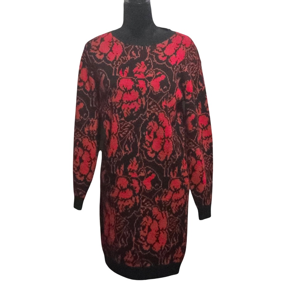 Latitudes Vintage Red Black Floral Jacquard Knit Sweater Dress Womens Medium B1